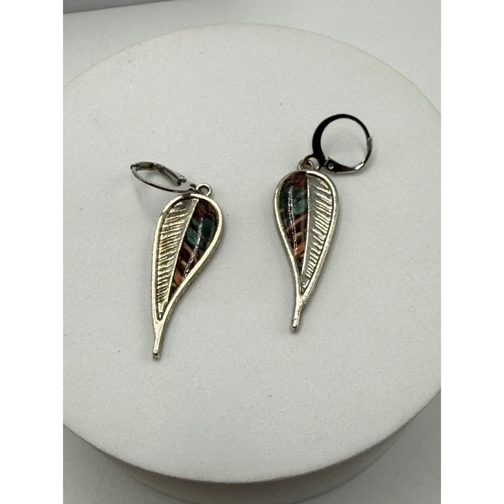 Silver Tone Leaf Drop Earrings Multi Color Inlay Leverback Bohemian Nature Style